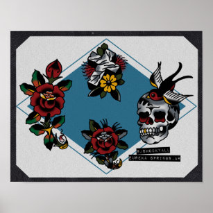 Skull Cross and Roses Traditional Tattoo Flash Poster