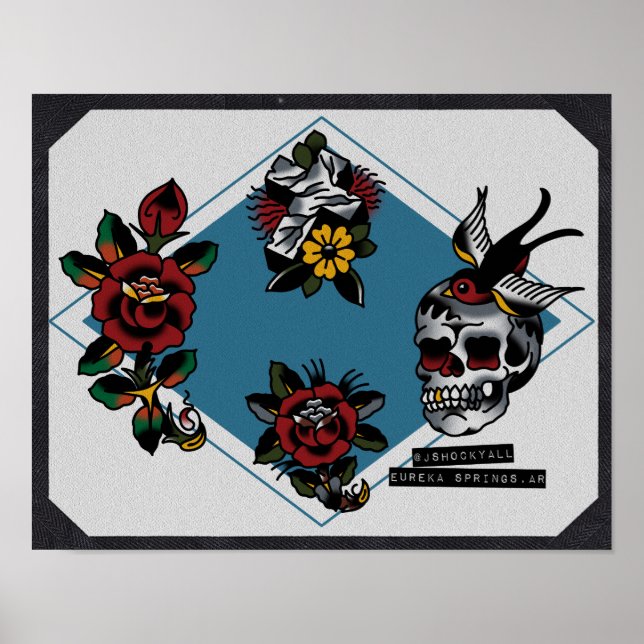 Skull Cross and Roses Traditional Tattoo Flash Poster (Front)