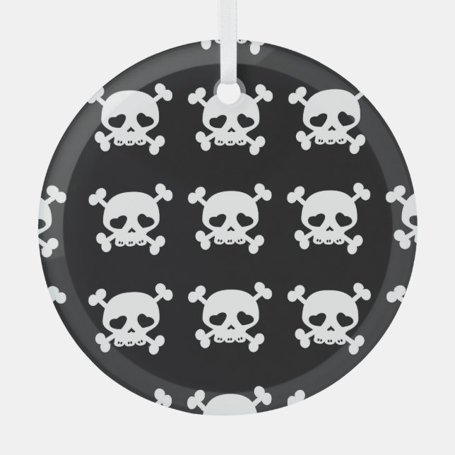 Skull Crossbones: Black-White Pattern. Glass Tree Decoration (Front)