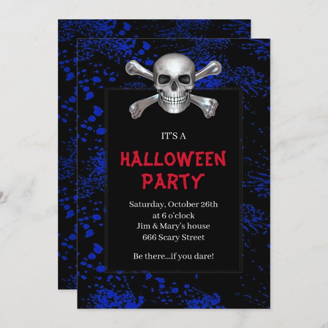 Skull Crossbones Blue Splattered Halloween Party Invitation (Front/Back)