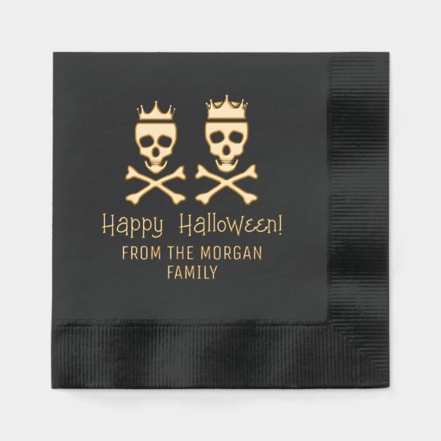 Skull & Crossbones Crowned Couple Happy Halloween Foil Napkins (Front)