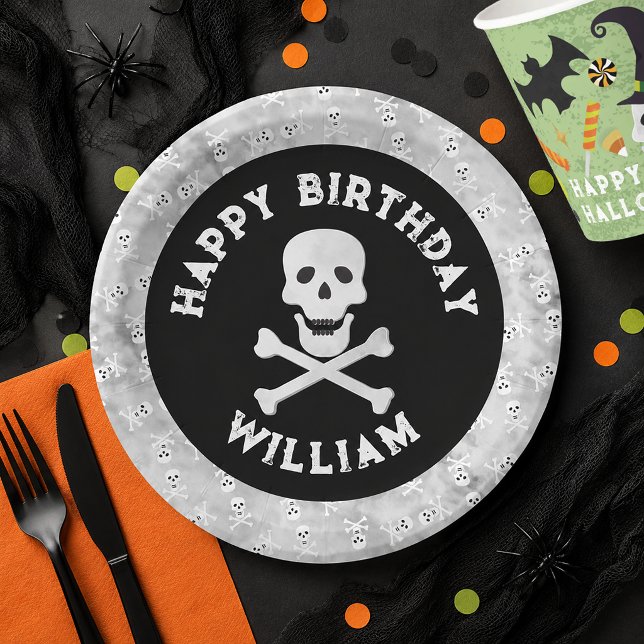 Skull Crossbones Halloween Birthday Plate (Skull & Bones Birthday Paper Plate)
