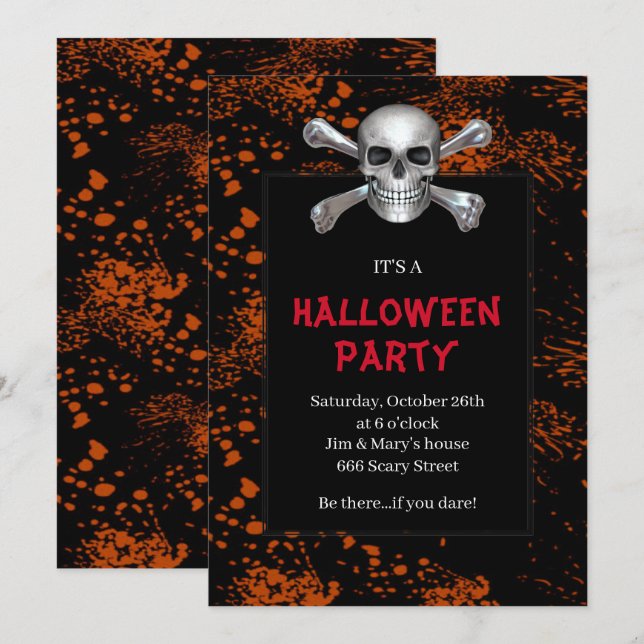 Skull Crossbones Orange Splattered Halloween Party Invitation (Front/Back)