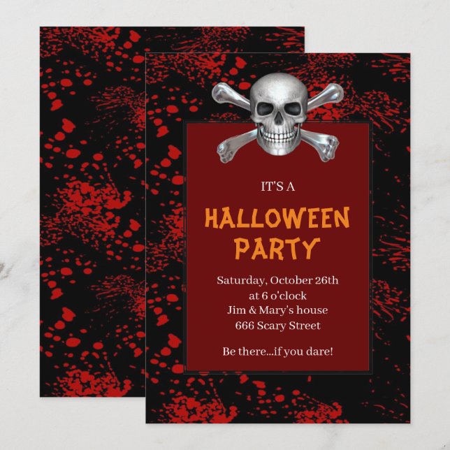 Skull Crossbones Red Splattered Halloween Party Invitation (Front/Back)