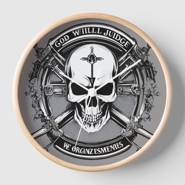Skull & Crossed Guns Gothic Wall Clock – God Will  (Front)