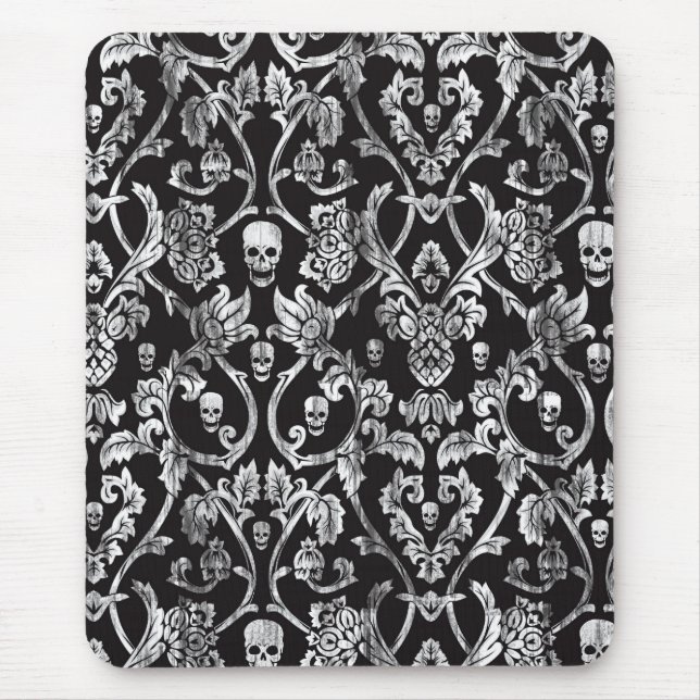 Skull damask in black and white. mouse mat (Front)