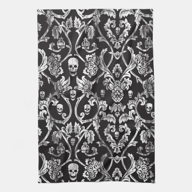 Skull damask in black and white. tea towel (Vertical)