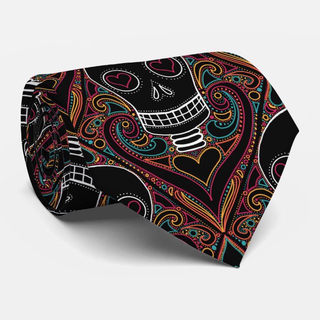 Skull damask necktie, elegant spooky Halloween tie (Rolled)