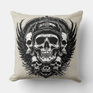 Skull Design Featuring Wings and Symbols Cushion