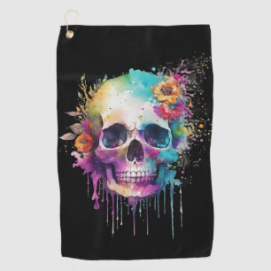 Skull design with colourful splatters golf towel
