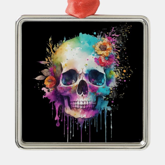 Skull design with colourful splatters metal tree decoration (Front)