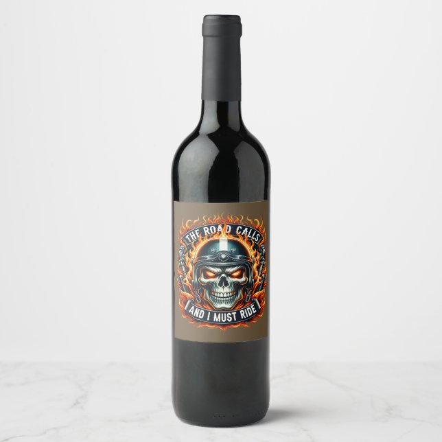 Skull Design With Flames and Motorcycle Elements Wine Label (Front)