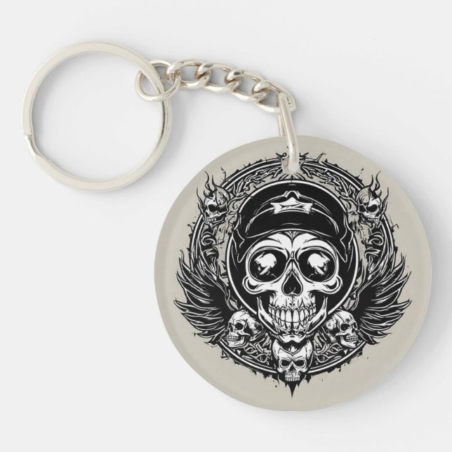 Skull Design with Wings and Symbols Key Ring (Front)