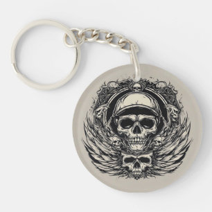 Skull Design with Wings and Symbols Key Ring