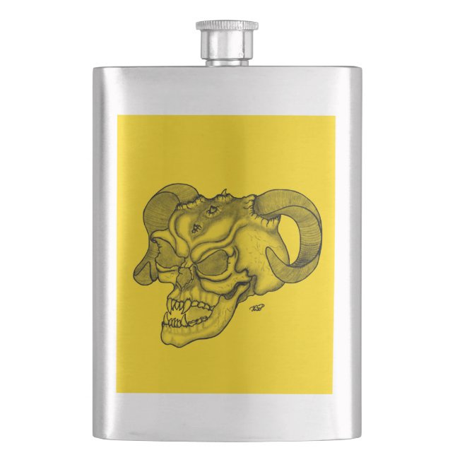 Skull Devil Head Black and Yellow Design Hip Flask (Front)