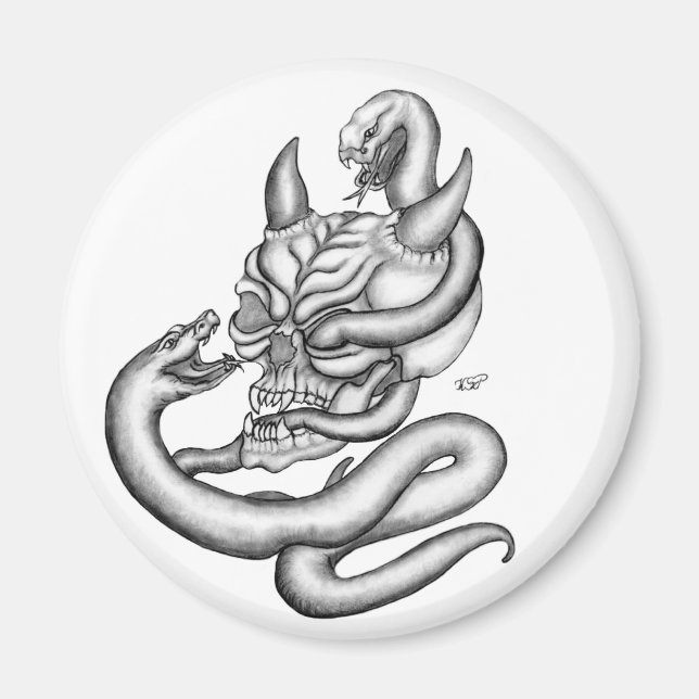 Skull - devil heads with snake magnet (Front)