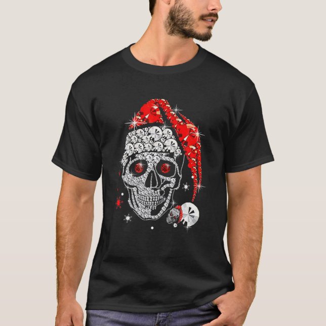 Skull Diamond Wearing Santa Claus Hat Merry Christ T-Shirt (Front)