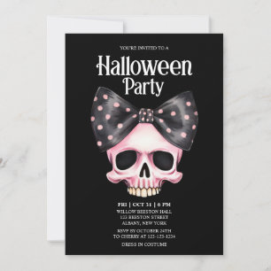 Skull Dots Black Bow Pink Horror Halloween Party Invitation