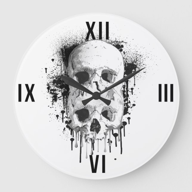 Skull Drip Black Ink Splatter Graphic Large Clock (Front)