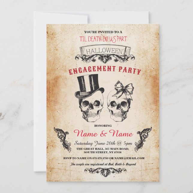 Skull Engagement Party Halloween Gothic Invite (Front)