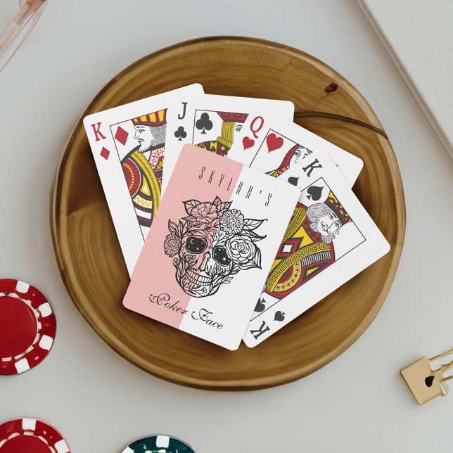 Skull Face & Florals Custom Name Poker Face Playing Cards (Skull Face & Florals Custom Name Poker Face Playing Cards)