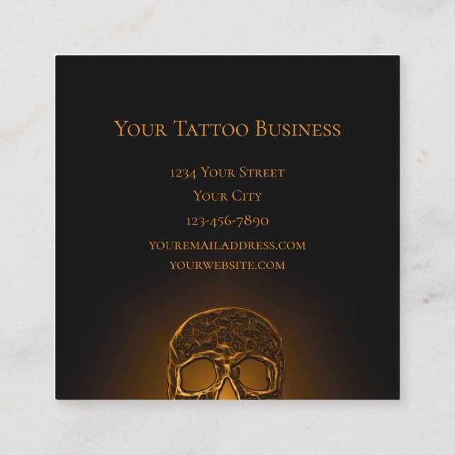 Skull Face Gothic Gold Black Metallic Tattoo Shop Square Business Card (Back)