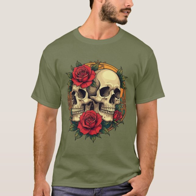 Skull Faces With Red Roses T-Shirt (Front)
