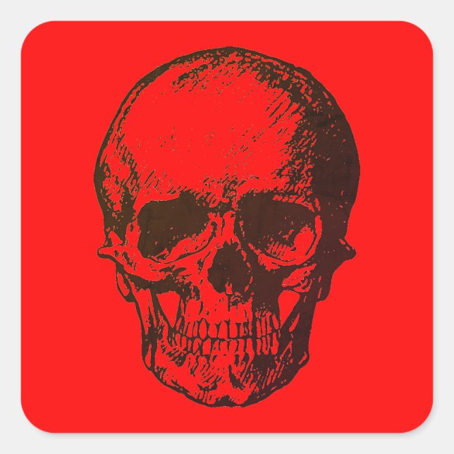 Skull Fantasy Pop Art Rock Punk Heavy Metal Red Square Sticker (Front)