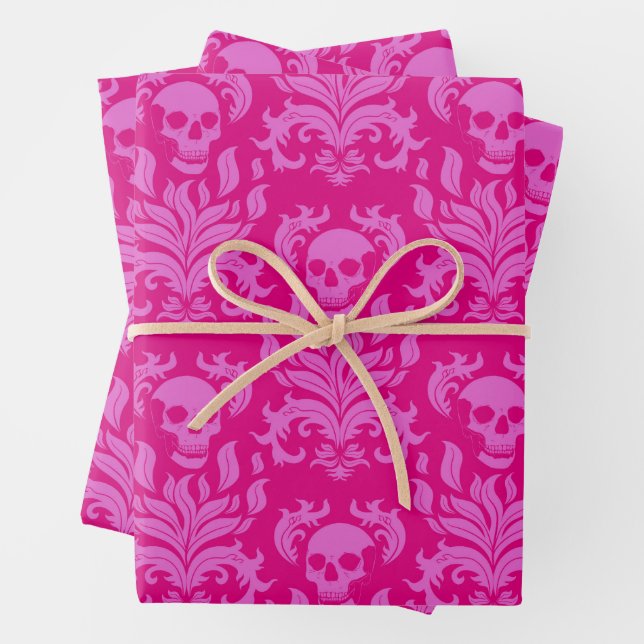 Skull Flame Damask in bubblegum pink on hot pink Wrapping Paper Sheet (In situ)
