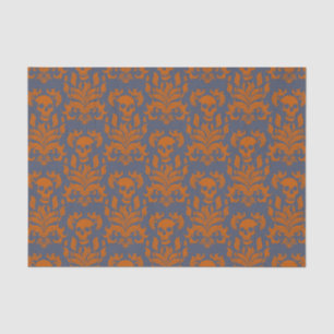 Skull Flame Damask in clashing orange on blue grey Tissue Paper