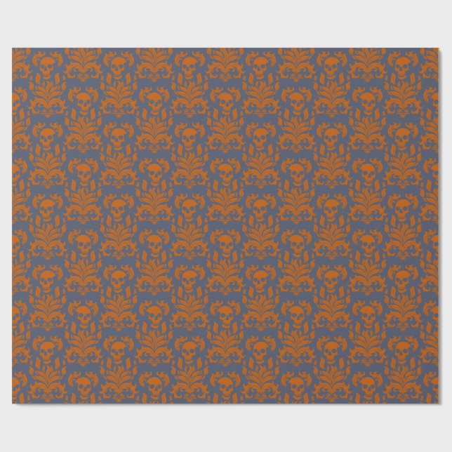 Skull Flame Damask in clashing orange on blue grey Wrapping Paper (Flat)