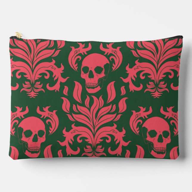 Skull Flame Damask in clashing pink on dark green Accessory Pouch (Front)