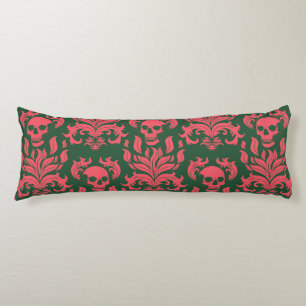 Skull Flame Damask in clashing pink on dark green Body Cushion