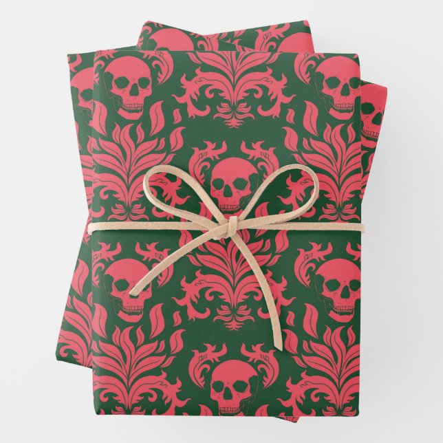 Skull Flame Damask in clashing pink on dark green Wrapping Paper Sheet (In situ)