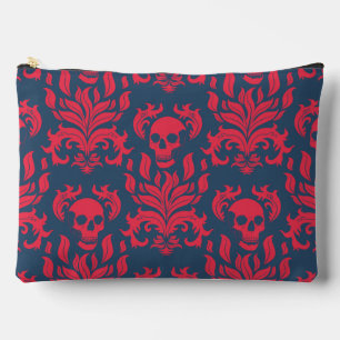 Skull Flame Damask in clashing red on blue Accessory Pouch