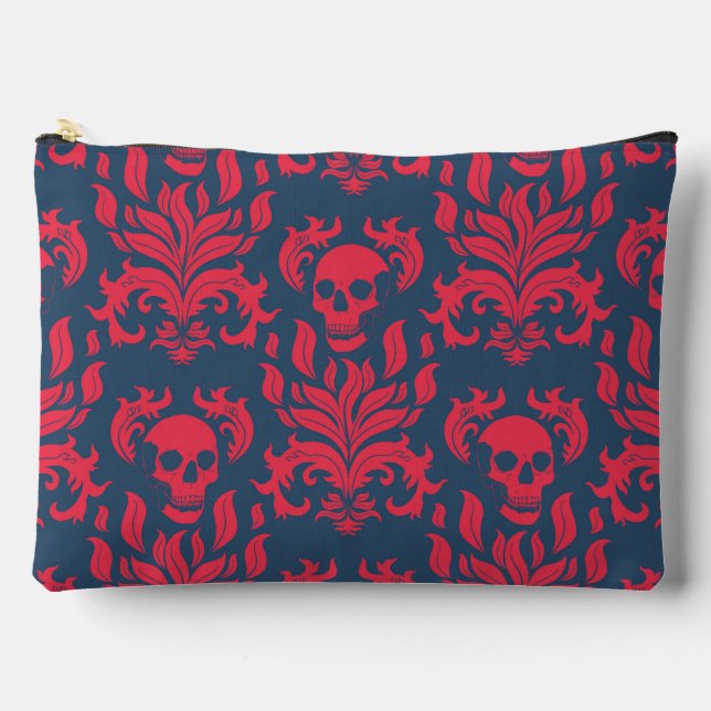 Skull Flame Damask in clashing red on blue Accessory Pouch (Front)