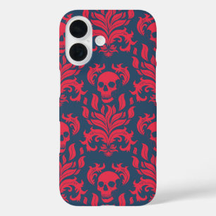 Skull Flame Damask in clashing red on blue iPhone 16 Case
