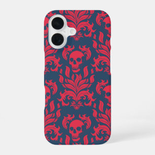 Skull Flame Damask in clashing red on blue iPhone 16 Case