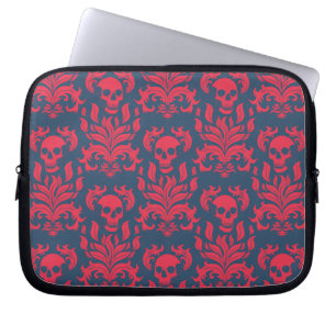 Skull Flame Damask in clashing red on blue Laptop Sleeve