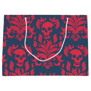 Skull Flame Damask in clashing red on blue Large Gift Bag