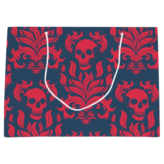 Skull Flame Damask in clashing red on blue Large Gift Bag (Front)