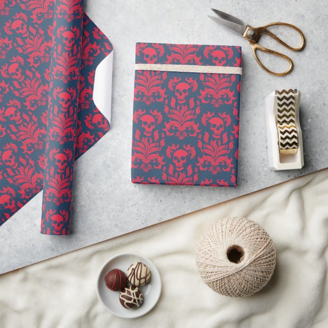 Skull Flame Damask in clashing red on blue Wrapping Paper (Crafts)