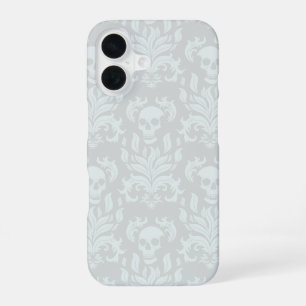 Skull Flame Damask in classic white on white iPhone 16 Case