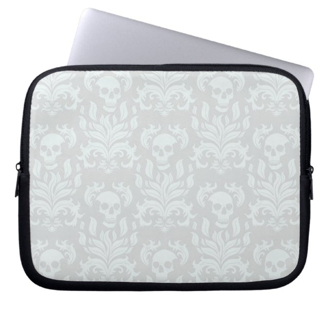 Skull Flame Damask in classic white on white Laptop Sleeve (Front)