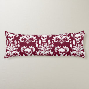 Skull Flame Damask in crisp white on deep red Body Cushion