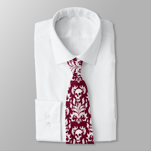 Skull Flame Damask in crisp white on deep red Tie (Tied)