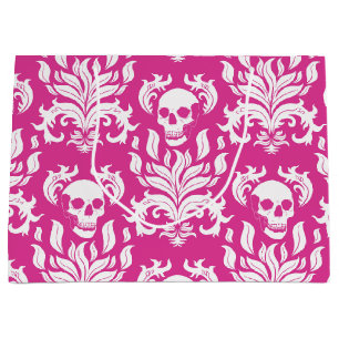 Skull Flame Damask in crisp white on hot pink Large Gift Bag