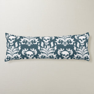 Skull Flame Damask in crisp white on slaty blue Body Cushion