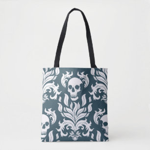 Skull Flame Damask in crisp white on slaty blue Tote Bag