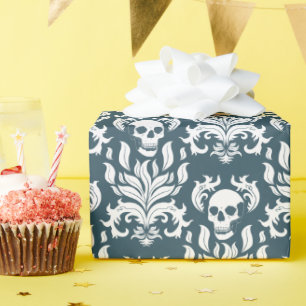 Skull Flame Damask in crisp white on slaty blue Wrapping Paper